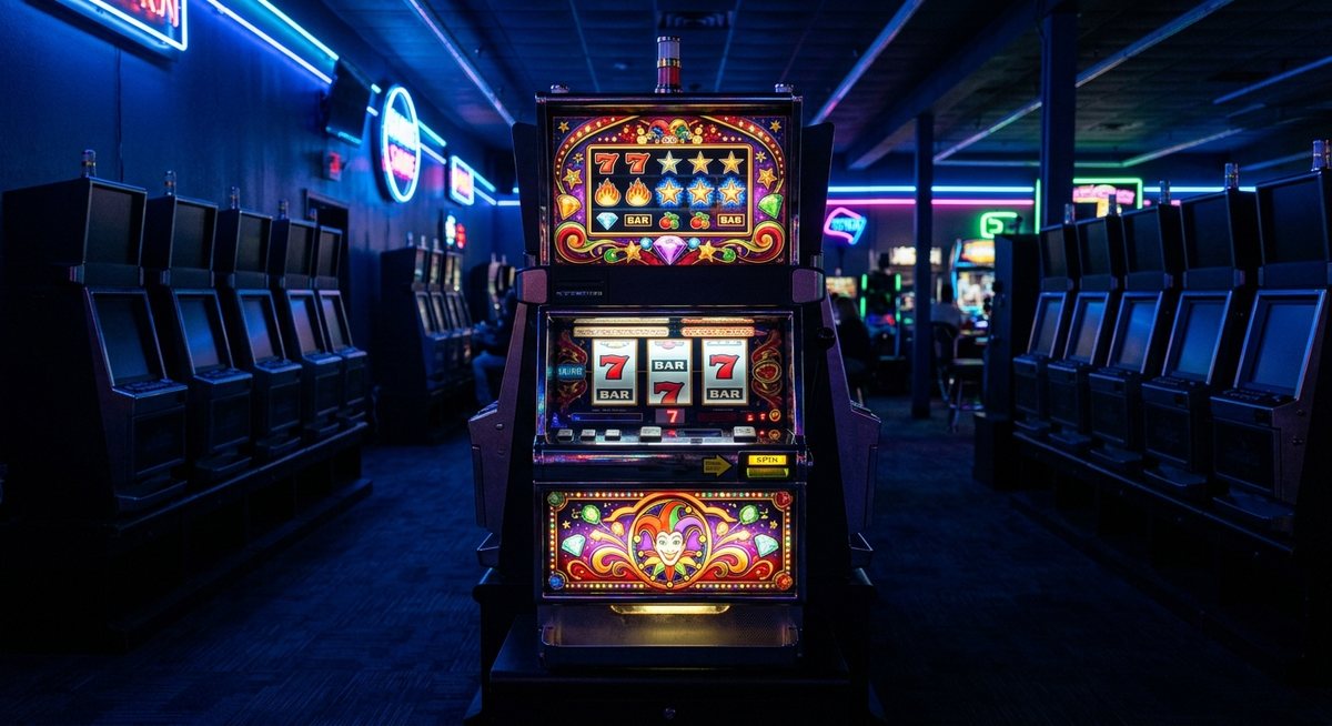 Satu kabinet mesin slot dengan hiasan warna berbeda berdiri tenang di antara deretan kabinet seragam di arcade gelap
