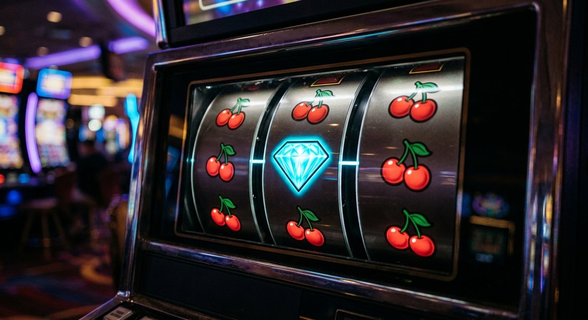 Gulungan mesin slot menampilkan satu simbol diamond biru menyala berbeda di antara barisan ceri merah