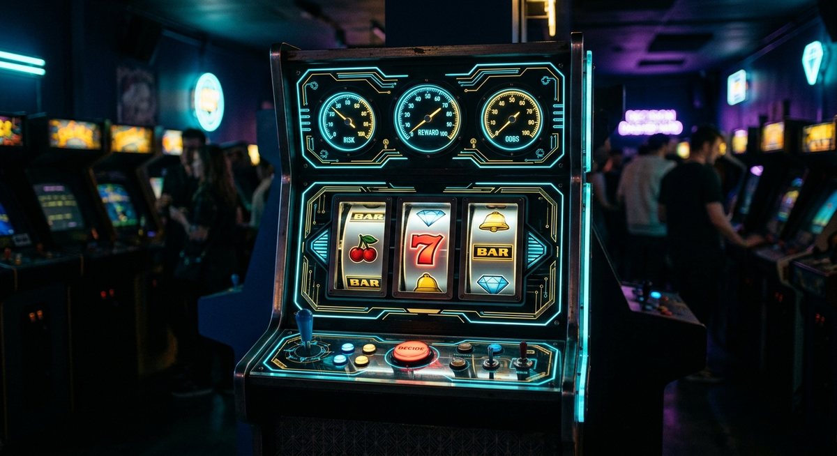 Kabinet mesin slot dengan panel tiga tabel keputusan menyala biru di ruang arcade gelap