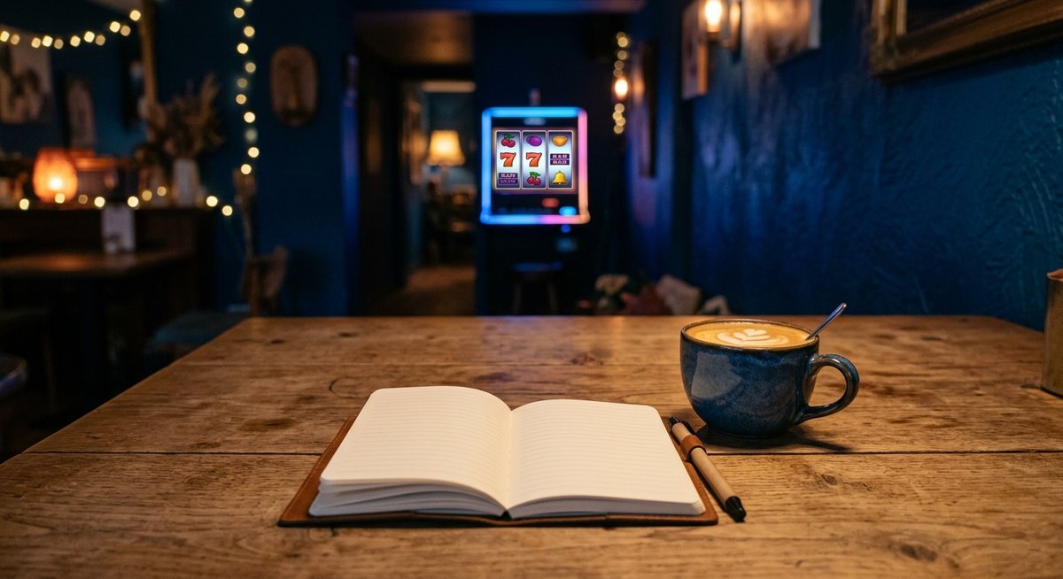 Meja kayu tenang dengan buku catatan kecil, cangkir kopi, dan lampu neon mesin slot di kejauhan