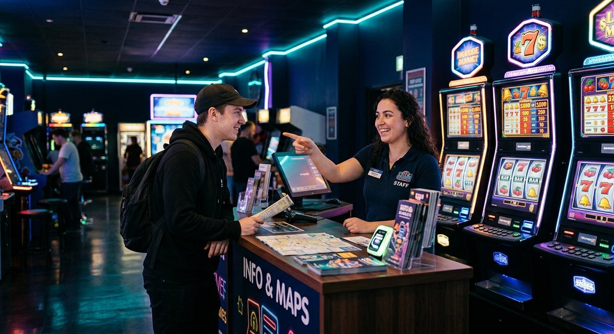 Pemain bertanya santai kepada petugas meja informasi arcade di samping kabinet mesin slot dengan gulungan simbol