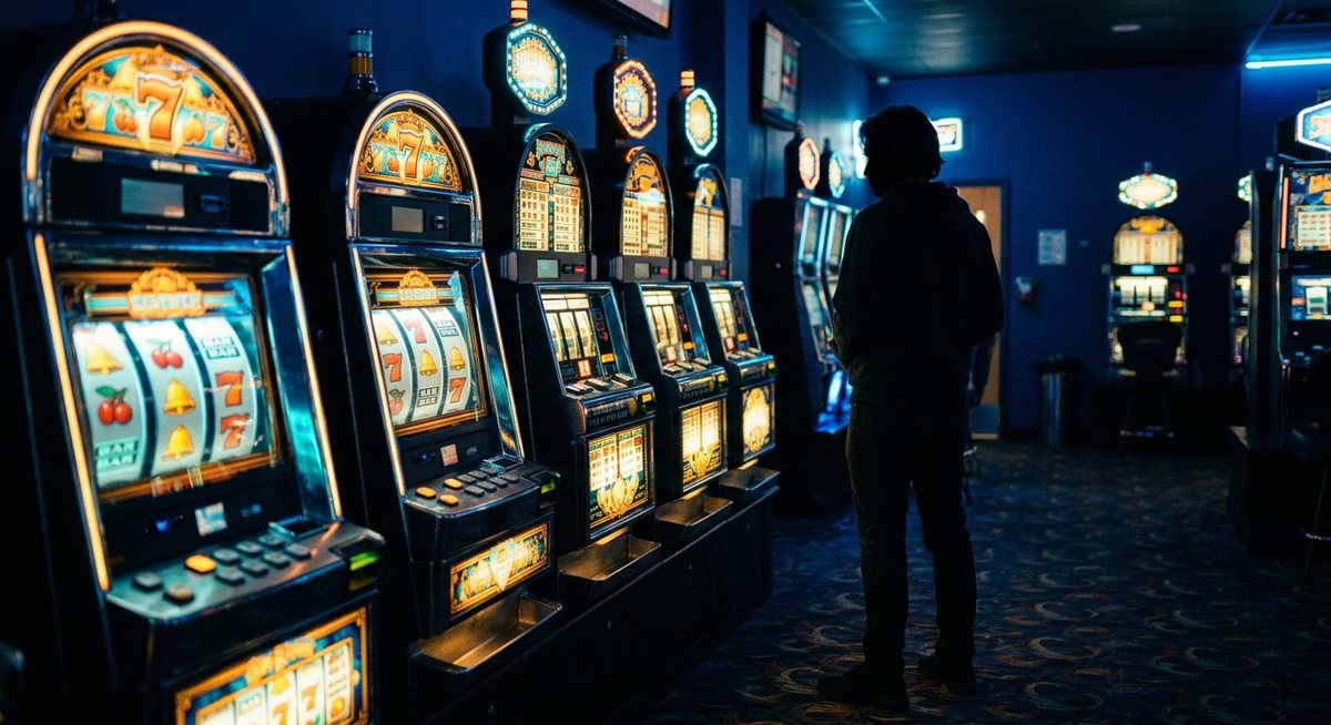 Satu pemain berdiri tenang di antara beberapa kabinet mesin slot ramah yang menyala hangat di arcade biru gelap