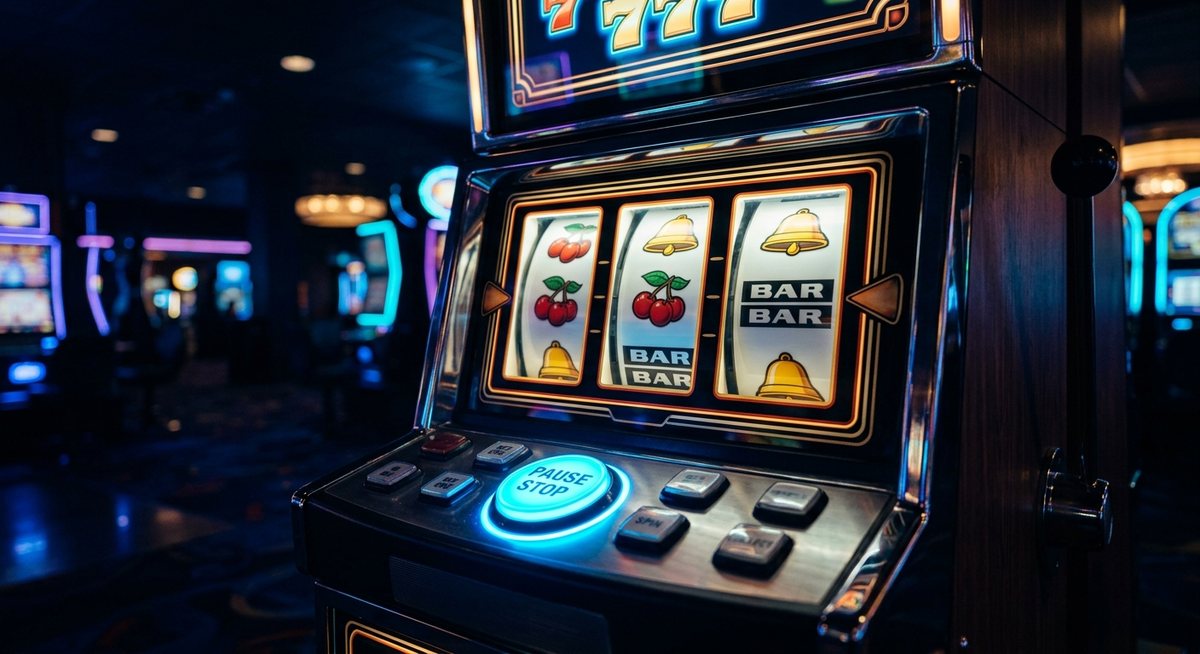 Mesin slot dengan tombol jeda besar menyala biru di antara gulungan simbol ceri bel dan BAR dalam ruangan gelap