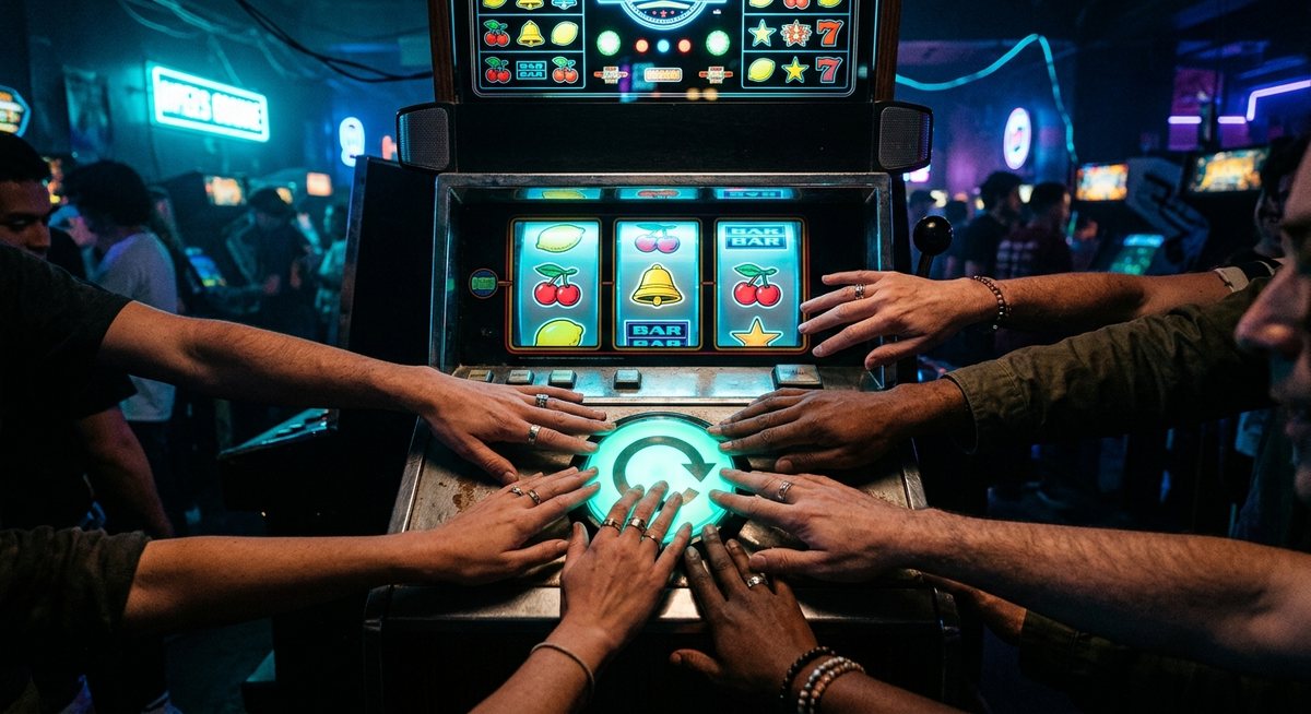 Tangan-tangan dari berbagai arah menekan satu tombol putar mesin slot di ruang arcade gelap dengan cahaya neon